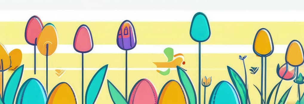 Holiday celebration banner with cute Easter decorated eggs and spring flowers on green spring meadow. Flowers in landscape. Happy Easter greeting card, banner, festive background.Copy space