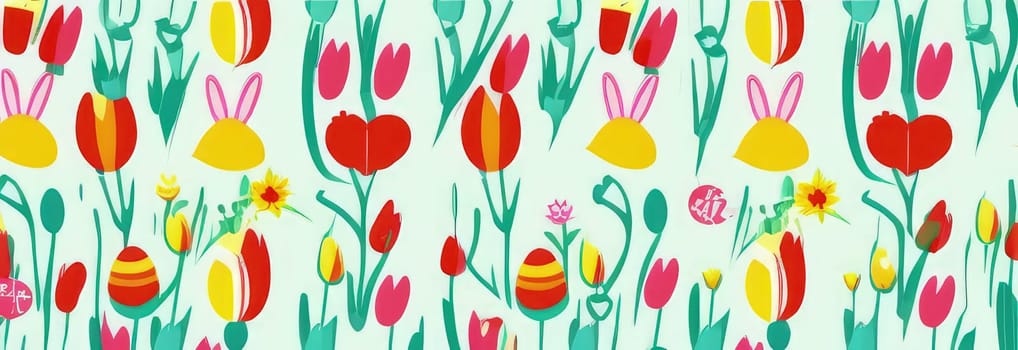 Holiday celebration banner with cute Easter decorated eggs and spring flowers on green spring meadow. Flowers in landscape. Happy Easter greeting card, banner, festive background.Copy space