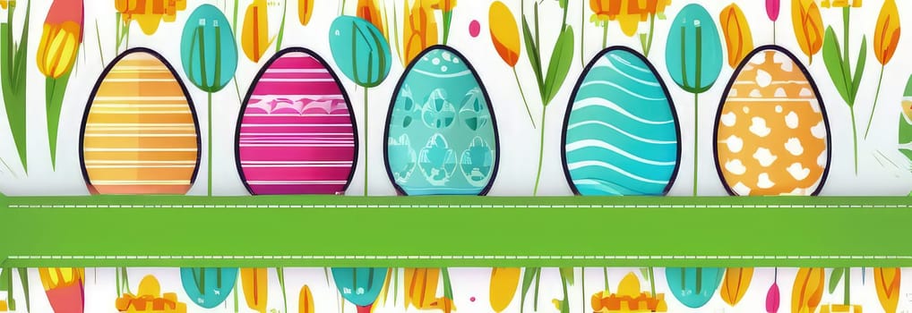 Holiday celebration banner with cute Easter decorated eggs and spring flowers on green spring meadow. Flowers in landscape. Happy Easter greeting card, banner, festive background.Copy space