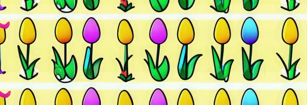 Holiday celebration banner with cute Easter decorated eggs and spring flowers on green spring meadow. Flowers in landscape. Happy Easter greeting card, banner, festive background.Copy space