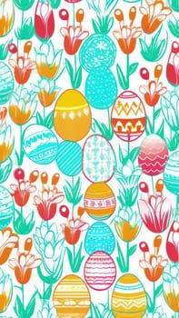 Holiday celebration banner with cute Easter decorated eggs and spring flowers on green spring meadow. Flowers in landscape. Happy Easter greeting card, banner, festive background.Copy space