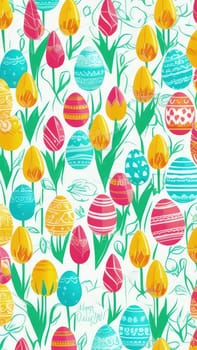 Holiday celebration banner with cute Easter decorated eggs and spring flowers on green spring meadow. Flowers in landscape. Happy Easter greeting card, banner, festive background.Copy space