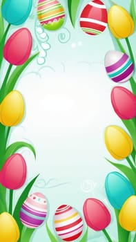 Holiday celebration banner with colorful tulips, spring flowers and colorful decorated Easter eggs on light background. Happy Easter greeting card, banner, festive background. Close up, Copy space