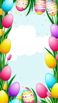 Holiday celebration banner with colorful tulips, spring flowers and colorful decorated Easter eggs on light background. Happy Easter greeting card, banner, festive background. Close up, Copy space