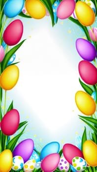 Holiday celebration banner with colorful tulips, spring flowers and colorful decorated Easter eggs on light background. Happy Easter greeting card, banner, festive background. Close up, Copy space