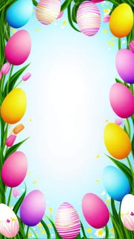 Holiday celebration banner with colorful tulips, spring flowers and colorful decorated Easter eggs on light background. Happy Easter greeting card, banner, festive background. Close up, Copy space