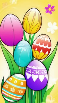 Holiday celebration banner with colorful tulips, spring flowers and colorful decorated Easter eggs on light background. Happy Easter greeting card, banner, festive background. Close up, Copy space