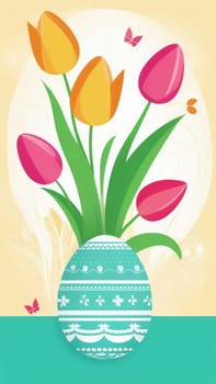 Holiday celebration banner with colorful tulips, spring flowers and colorful decorated Easter eggs on light background. Happy Easter greeting card, banner, festive background. Close up, Copy space