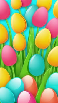 Holiday celebration banner with colorful tulips, spring flowers and colorful decorated Easter eggs on light background. Happy Easter greeting card, banner, festive background. Close up, Copy space