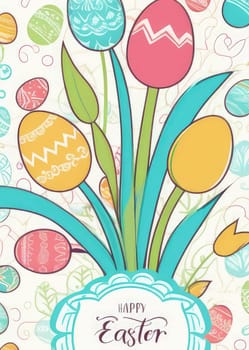 Holiday celebration banner with colorful tulips, spring flowers and colorful decorated Easter eggs on light background. Happy Easter greeting card, banner, festive background. Close up, Copy space