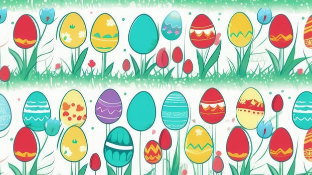 Holiday celebration banner with cute Easter decorated eggs and spring flowers on green spring meadow. Flowers in landscape. Happy Easter greeting card, banner, festive background.Copy space