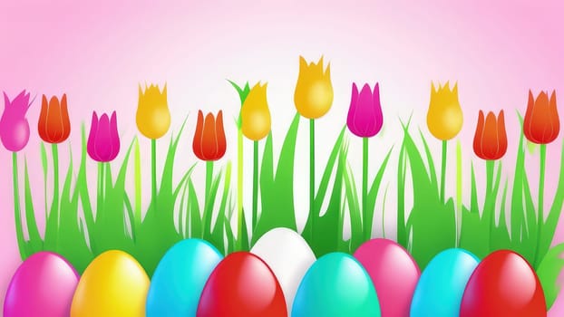 Holiday celebration banner with cute Easter decorated eggs and spring flowers on green spring meadow. Flowers in landscape. Happy Easter greeting card, banner, festive background.Copy space