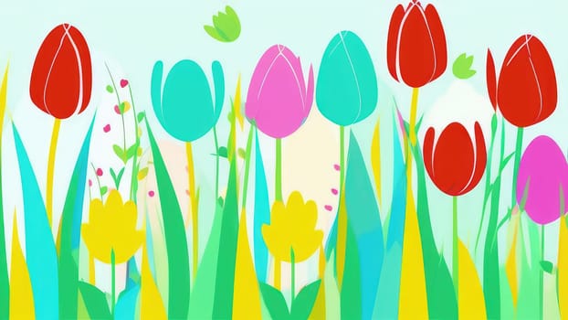 Holiday celebration banner with cute Easter decorated eggs and spring flowers on green spring meadow. Flowers in landscape. Happy Easter greeting card, banner, festive background.Copy space