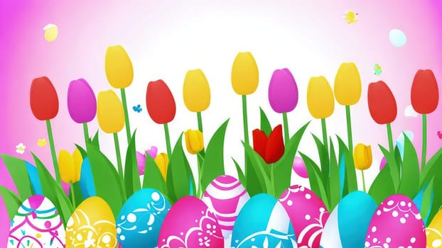 Holiday celebration banner with cute Easter decorated eggs and spring flowers on green spring meadow. Flowers in landscape. Happy Easter greeting card, banner, festive background.Copy space