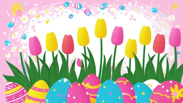 Holiday celebration banner with cute Easter decorated eggs and spring flowers on green spring meadow. Flowers in landscape. Happy Easter greeting card, banner, festive background.Copy space