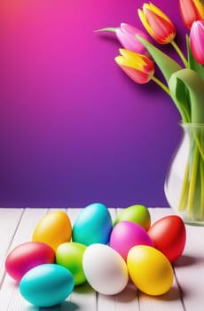 Table with vase of tulips, colorful Easter eggs. Basket of eggs and vase of tulips on kitchen table near window. Happy Easter greeting card, banner, festive background. Blurred background. Copy space