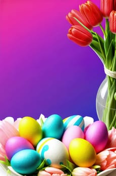 Table with vase of tulips, colorful Easter eggs. Basket of eggs and vase of tulips on kitchen table near window. Happy Easter greeting card, banner, festive background. Blurred background. Copy space