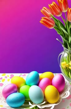 Table with vase of tulips, colorful Easter eggs. Basket of eggs and vase of tulips on kitchen table near window. Happy Easter greeting card, banner, festive background. Blurred background. Copy space