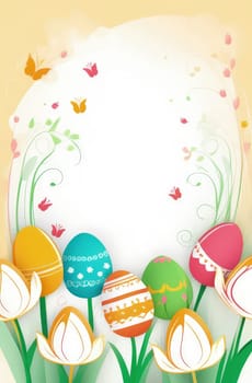 Holiday celebration banner with cute Easter decorated eggs and spring flowers on green spring meadow. Flowers in landscape. Happy Easter greeting card, banner, festive background.Copy space