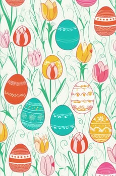 Holiday celebration banner with cute Easter decorated eggs and spring flowers on green spring meadow. Flowers in landscape. Happy Easter greeting card, banner, festive background.Copy space