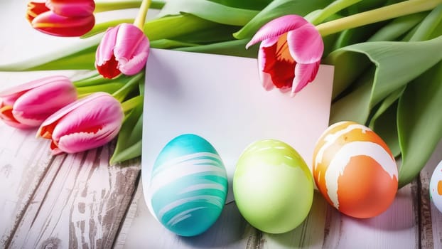 Holiday celebration banner with colorful tulips, spring flowers and colorful decorated Easter eggs on light background. Happy Easter greeting card, banner, festive background. Close up, Copy space