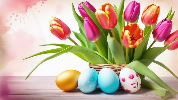 Table with vase of tulips, colorful Easter eggs. Basket of eggs and vase of tulips on kitchen table near window. Happy Easter greeting card, banner, festive background. Blurred background. Copy space
