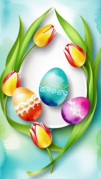 Holiday celebration banner with colorful tulips, spring flowers and colorful decorated Easter eggs on light background. Happy Easter greeting card, banner, festive background. Close up, Copy space