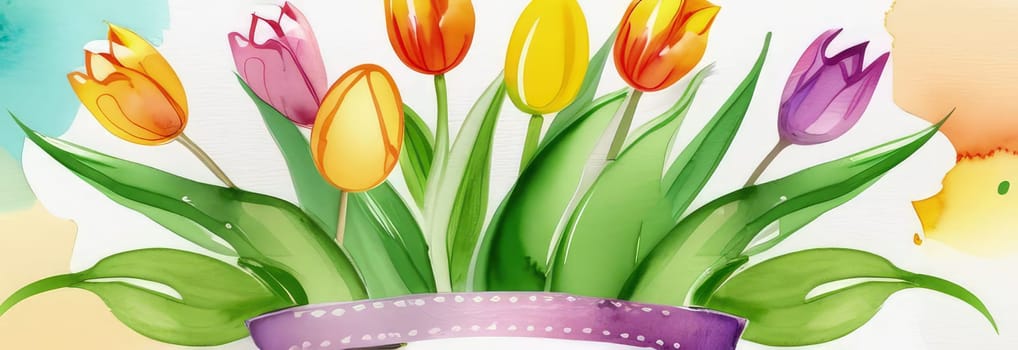 Table with vase of tulips, colorful Easter eggs. Basket of eggs and vase of tulips on kitchen table near window. Happy Easter greeting card, banner, festive background. Blurred background. Copy space