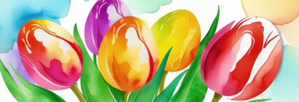 Holiday celebration banner with colorful tulips, spring flowers and colorful decorated Easter eggs on light background. Happy Easter greeting card, banner, festive background. Close up, Copy space