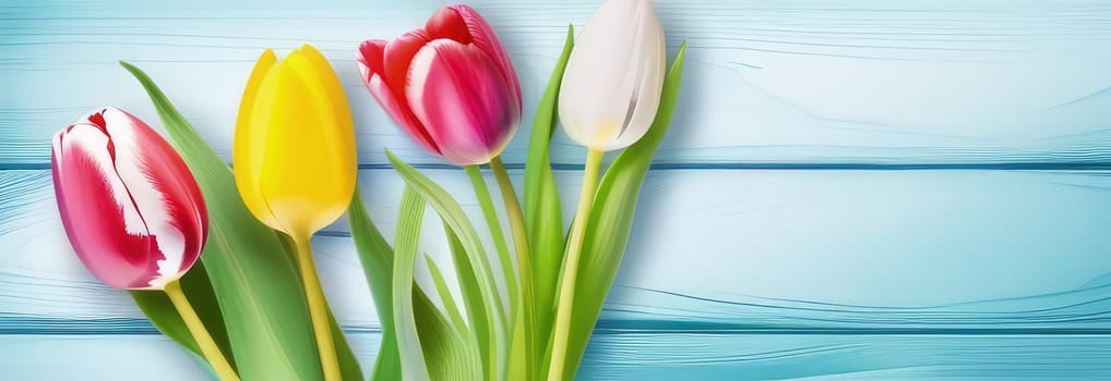 Holiday celebration banner with colorful tulips, spring flowers and colorful decorated Easter eggs on light background. Happy Easter greeting card, banner, festive background. Close up, Copy space