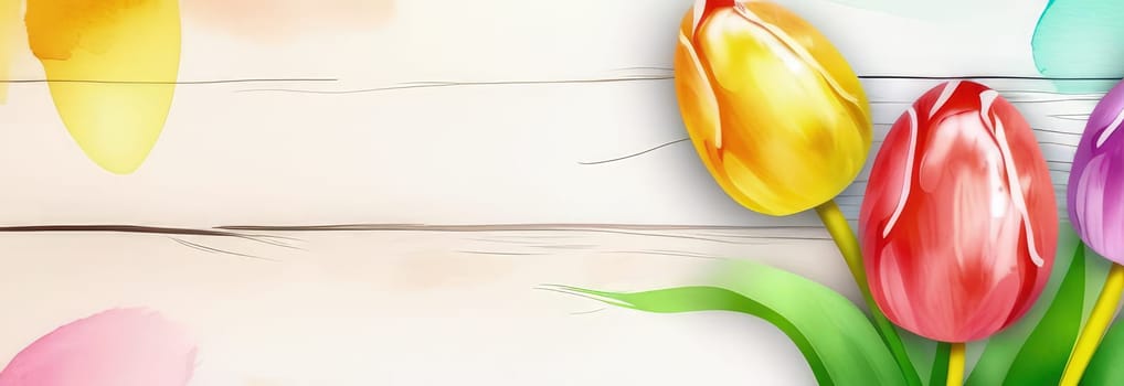 Holiday celebration banner with colorful tulips, spring flowers and colorful decorated Easter eggs on light background. Happy Easter greeting card, banner, festive background. Close up, Copy space