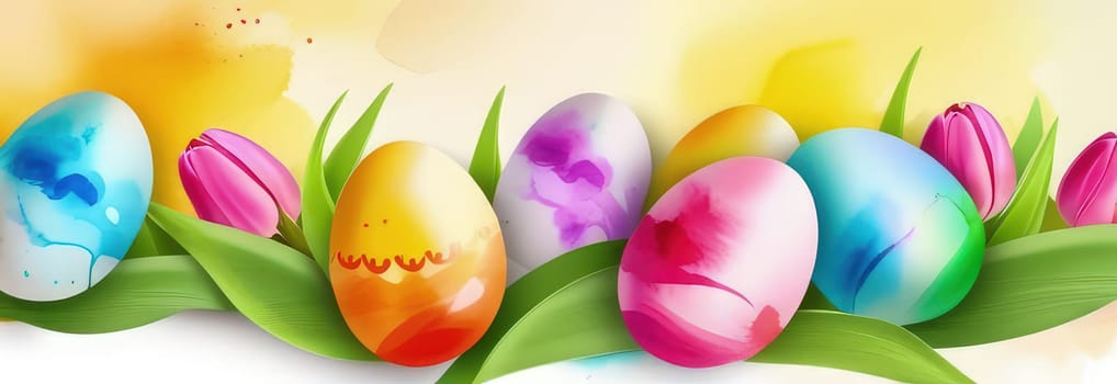 Holiday celebration banner with colorful tulips, spring flowers and colorful decorated Easter eggs on light background. Happy Easter greeting card, banner, festive background. Close up, Copy space