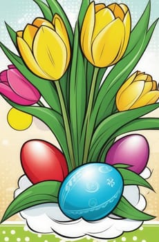 Holiday celebration banner with colorful tulips, spring flowers and colorful decorated Easter eggs on light background. Happy Easter greeting card, banner, festive background. Close up, Copy space