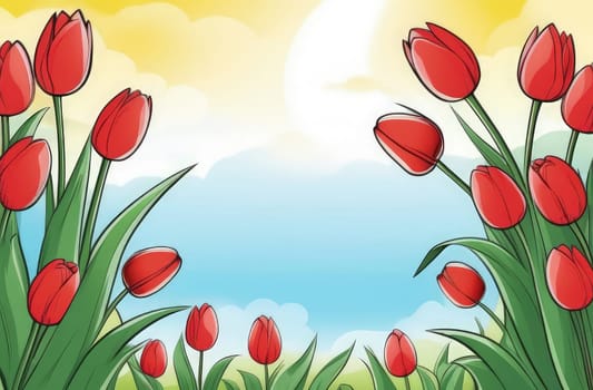 Holiday celebration banner with cute Easter decorated eggs and spring flowers on green spring meadow. Flowers in landscape. Happy Easter greeting card, banner, festive background.Copy space