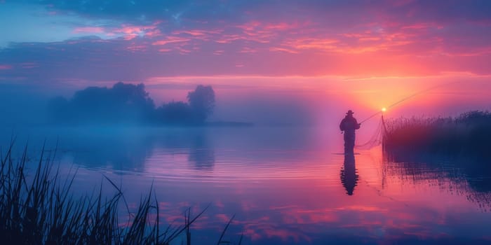 A person is fishing on a lake as the sun sets, casting their line into the calm waters surrounded by a beautiful orange and pink sky.