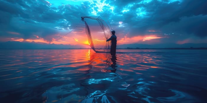 A man standing in the water using a fishing net to catch fish.