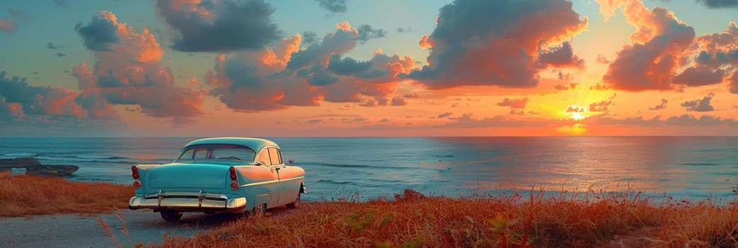 A vintage car parked on the side of a road near the ocean, capturing a scenic view of the sea.