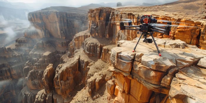 A camera is positioned on the edge of a cliff, overlooking a vast landscape below.