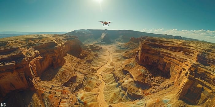 A plane flies over a canyon in this aerial view.