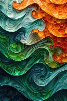 A detailed hyper-realistic painting featuring a wave in striking orange and green colors, showcasing intricate details and textures.