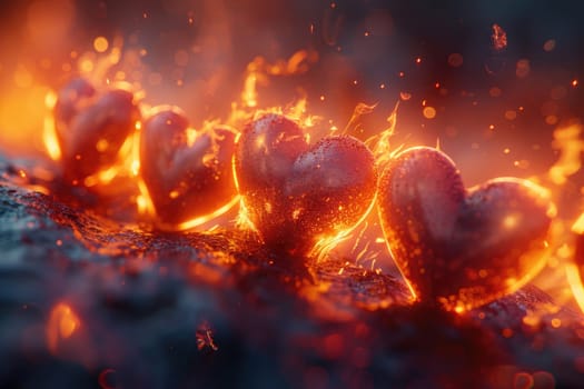 A detailed illustration showing a collection of hearts engulfed in flames.