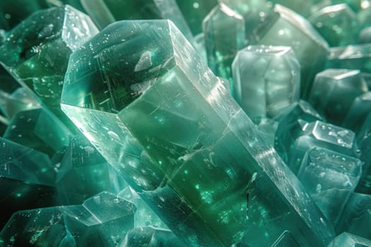 Numerous green crystals are neatly arranged on a table in a close-up view.
