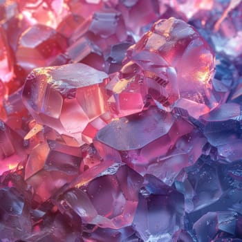 Pink crystals stacked on a table in close proximity.