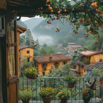 A balcony adorned with potted plants offers a view of a village nestled in the distance.