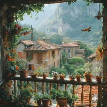 A balcony adorned with potted plants offering a scenic view of a majestic mountain in the background.