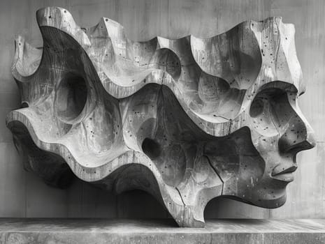 Detailed black and white sculpture captured in monochrome, highlighting intricate textures and contrasts.