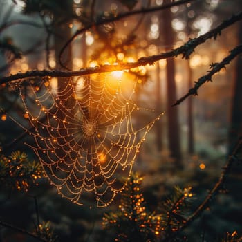 A detailed spider web intricately woven among trees in a dense forest setting.