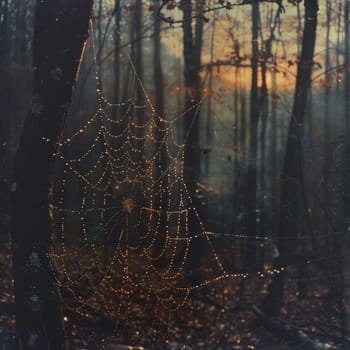 A detailed spider web is prominently displayed in the midst of a dense forest, capturing the intricate beauty of nature.