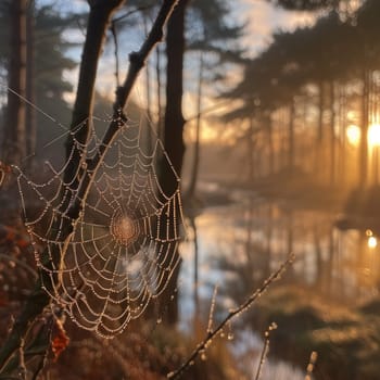 A detailed spider web glistens in the midst of a dense forest, showcasing the complexity and beauty of nature.