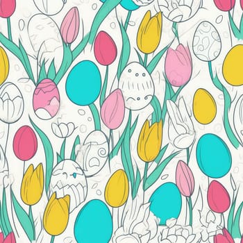 Holiday celebration banner with cute Easter decorated eggs and spring flowers on green spring meadow. Flowers in landscape. Happy Easter greeting card, banner, festive background.Copy space
